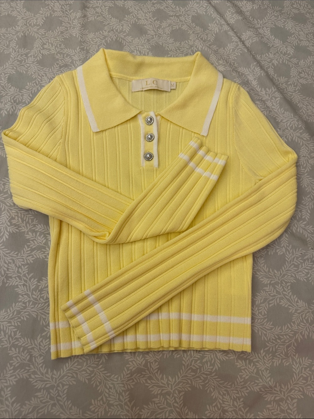 Light Yellow Ribbed Polo Sweater with White Trim